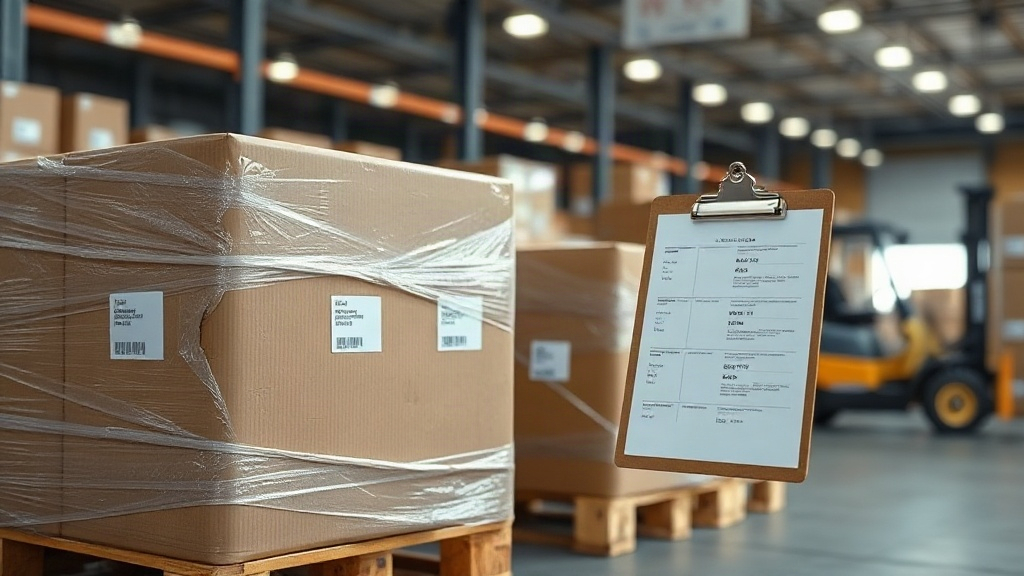 export warehouse interior with wrapped wooden pallets of sealed cardboard cargo boxes, shipping labels and customs paper