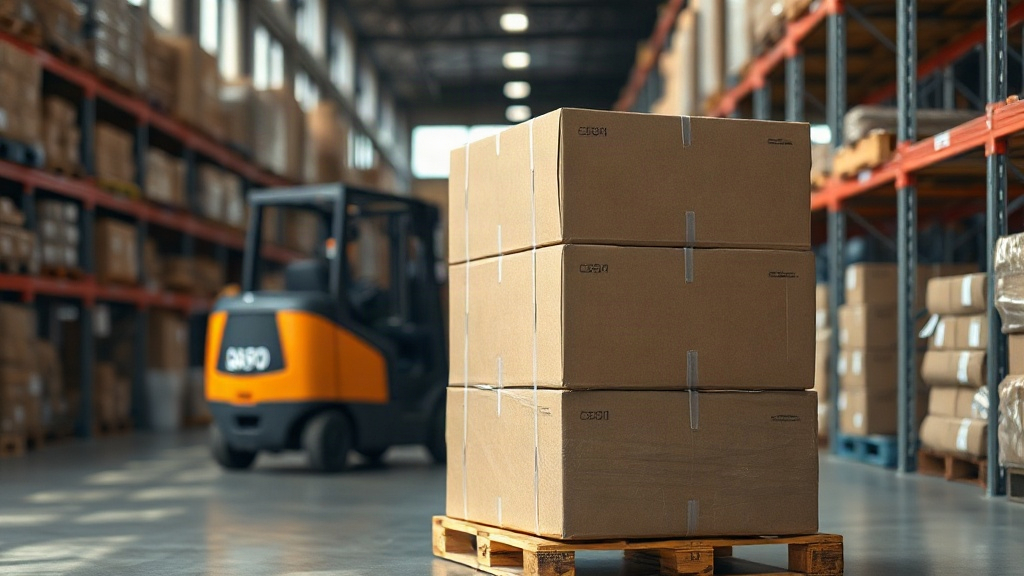 stacked cardboard shipping cartons wrapped on a pallet inside a warehouse aisle with a forklift approaching in the backg