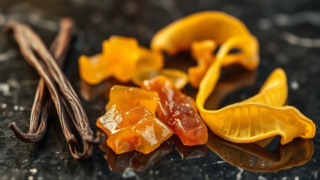 vanilla pods, amber resin chunks and bergamot peel arranged on a dark marble surface with soft golden studio light, macr