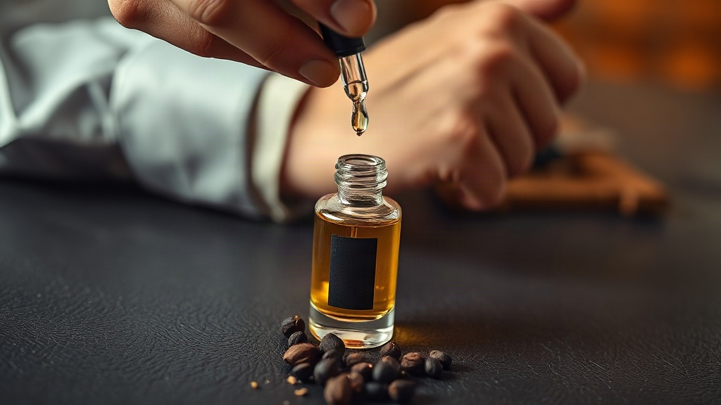 Close-up photograph of a man's wrist and hand applying perfume from a small glass dropper, warm amber studio light,