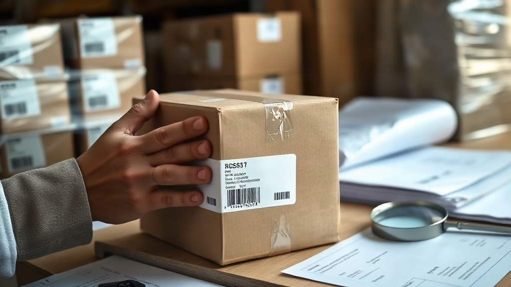 close-up of hands inspecting a shipping carton with a printed batch code label, stacked cosmetic boxes wrapped in plasti