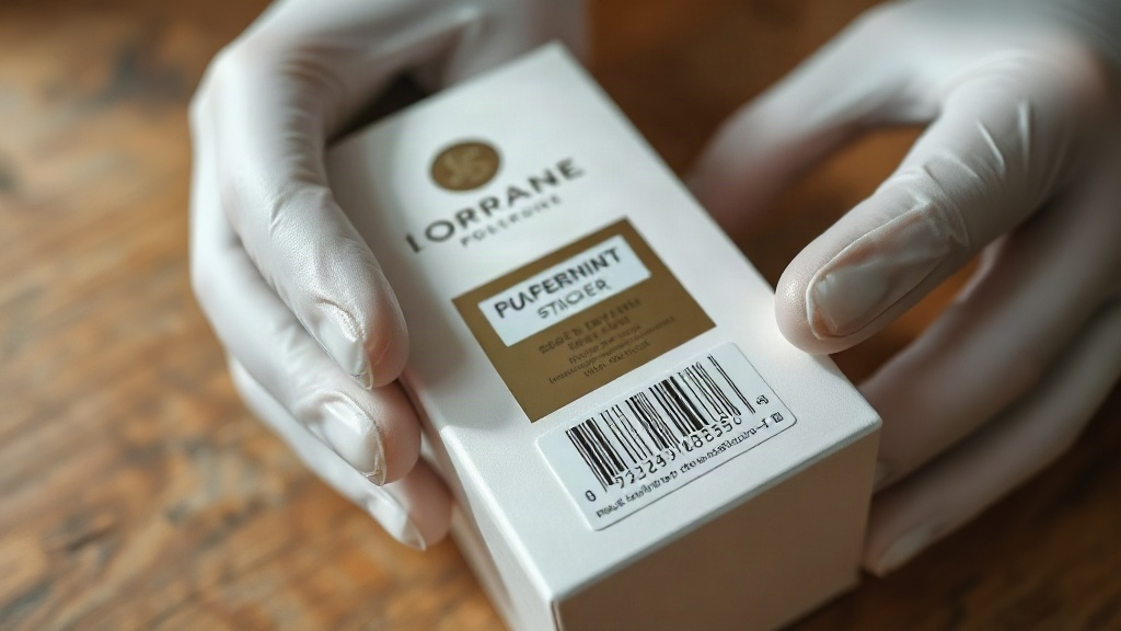 gloved hands inspecting a sealed perfume carton box with a holographic authenticity sticker and barcode label, wooden ta