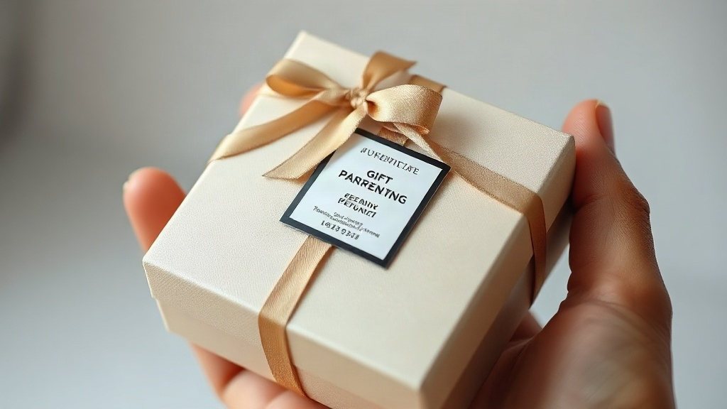 close-up of an elegant sealed perfume gift box with a hologram authenticity sticker and brand security seal, held in a h