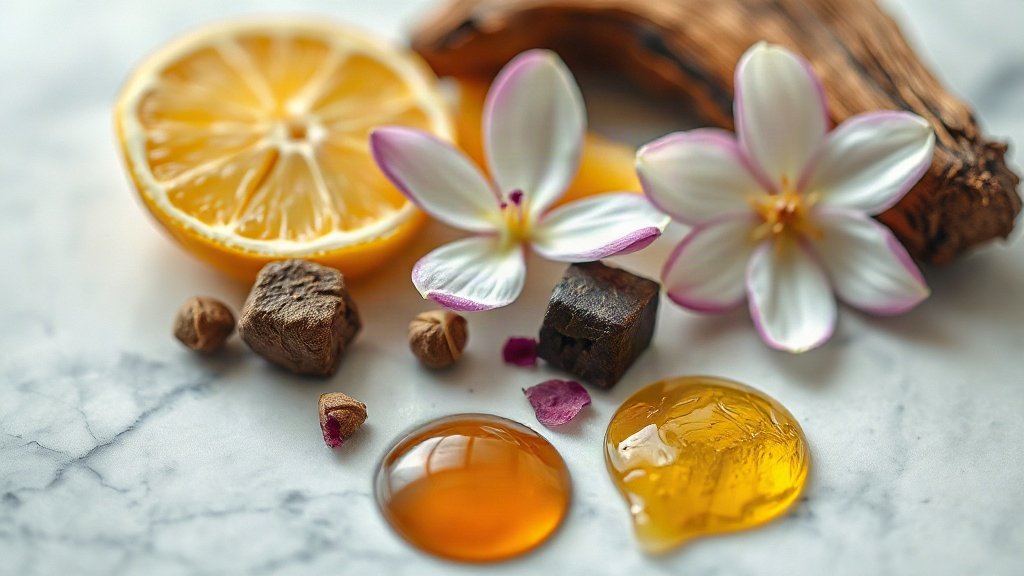 a macro close-up still life of raw perfumery ingredients arranged on a polished marble surface, fresh bergamot citrus sl