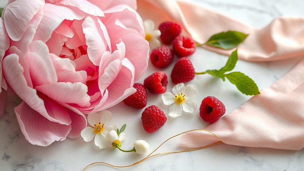 soft pink peony petals, fresh raspberries, jasmine blossoms and a swath of blush-pink silk fabric arranged on a white ma