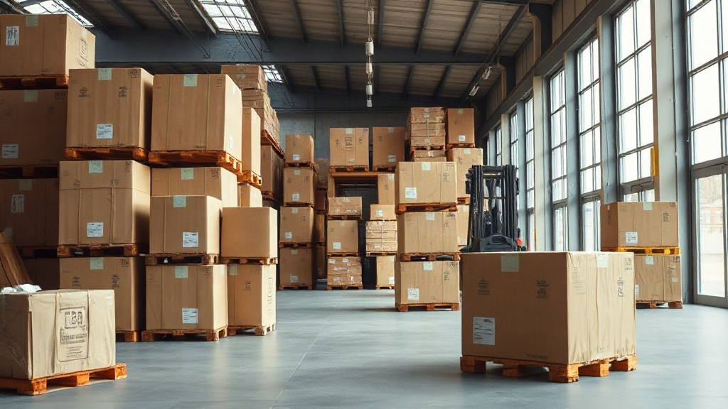 Wide shot of a modern warehouse interior with stacked wooden pallets of sealed cardboard shipping boxes, a forklift in t
