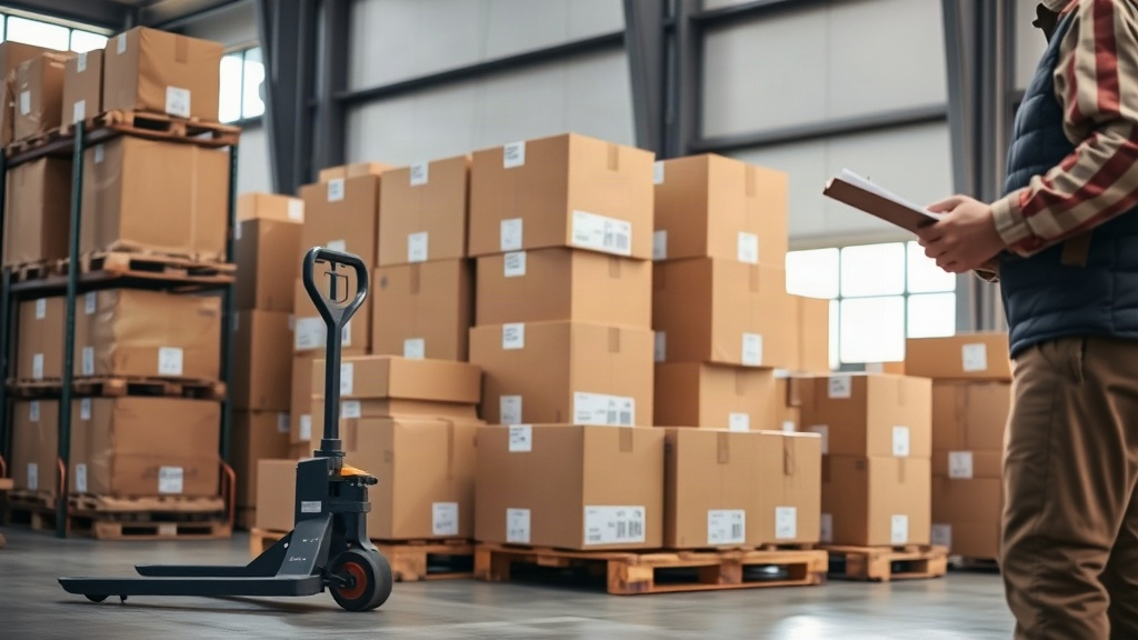 Warehouse scene with stacked cardboard shipping cartons on wooden pallets, a pallet jack nearby, a worker's hand ch