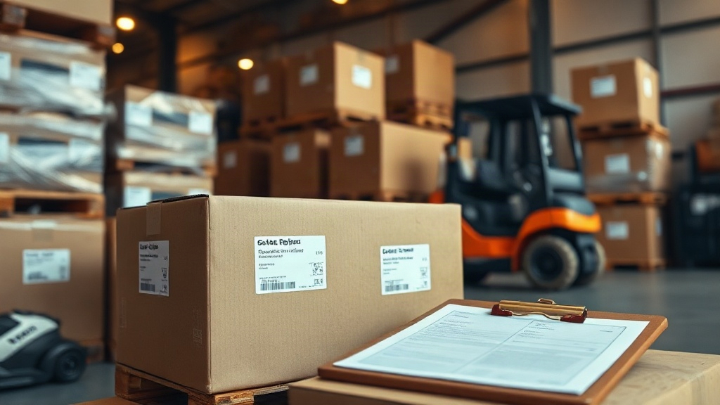 warehouse interior with stacked wooden pallets, sealed cardboard cargo boxes with shipping labels, a forklift in the bac