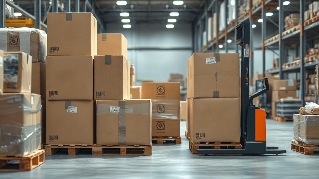 warehouse interior with stacked cardboard shipping cartons on wooden pallets, a pallet jack beside shrink-wrapped boxes,