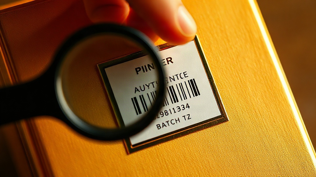macro close-up of a luxury perfume gift box with an authentic manufacturer hologram sticker and batch code, an inspector