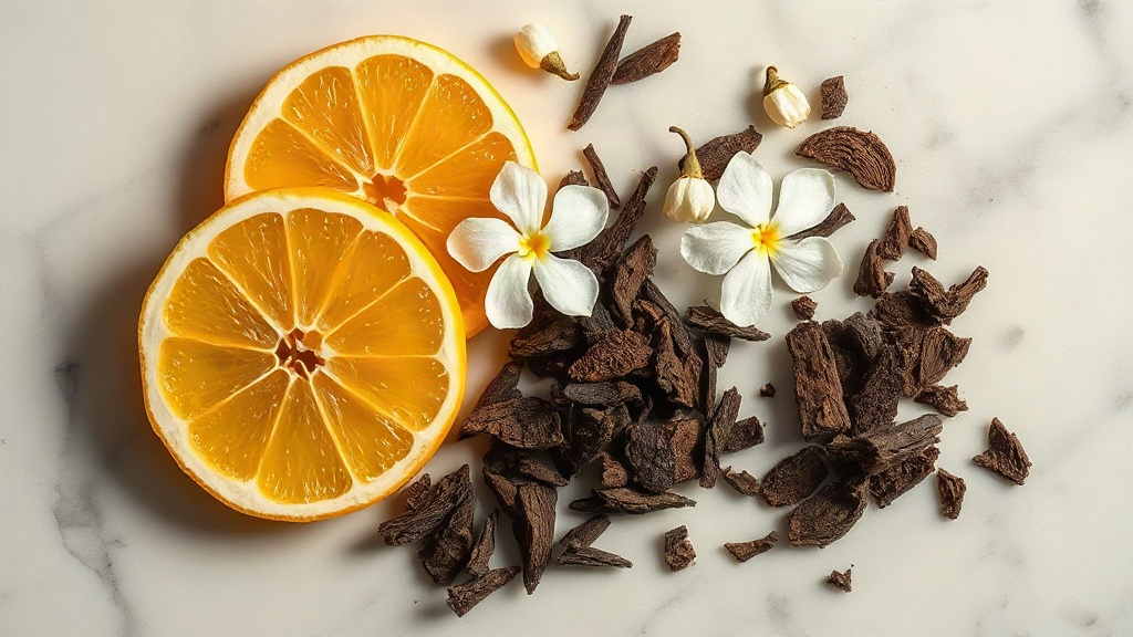 overhead editorial photograph of fresh bergamot citrus slices, jasmine blossoms, and dark oud wood chips arranged on a p