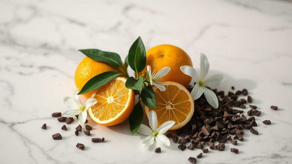 elegant arrangement of fresh bergamot citrus fruits, white jasmine flowers, and dark oud wood chips on a polished marble