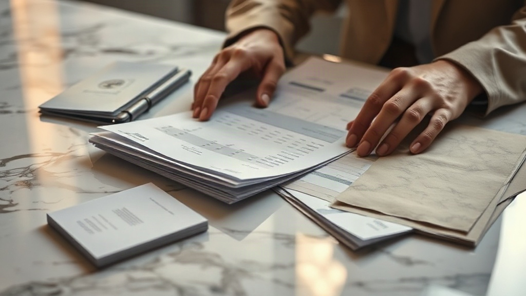 close-up of hands reviewing export documents and fabric swatches on a polished marble desk, alongside a small stack of i