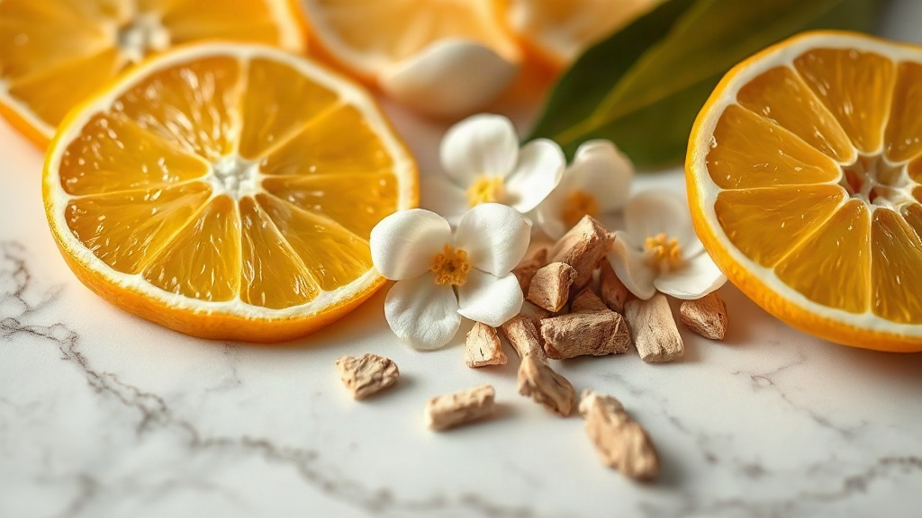 close-up still life on a white marble surface showing fresh bergamot citrus slices, white jasmine flowers, and small chi