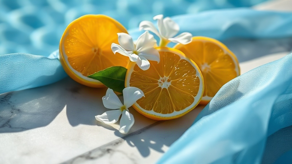 close-up of bergamot citrus slices, white jasmine flowers, and a piece of sheer blue fabric arranged on a sunlit poolsid
