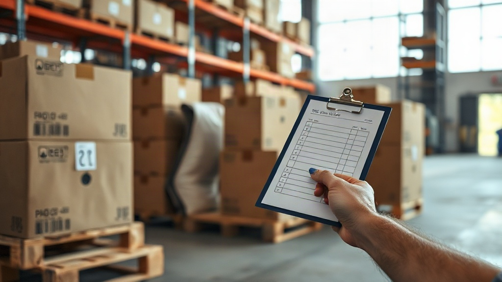 warehouse interior with stacked cardboard shipping cartons on wooden pallets, a hand holding a clipboard with a packing