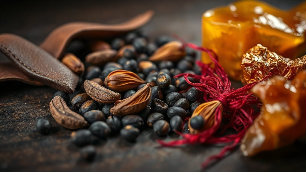 Macro still life of dark brown leather pieces, cardamom pods, black peppercorns, saffron threads, and amber resin chunks