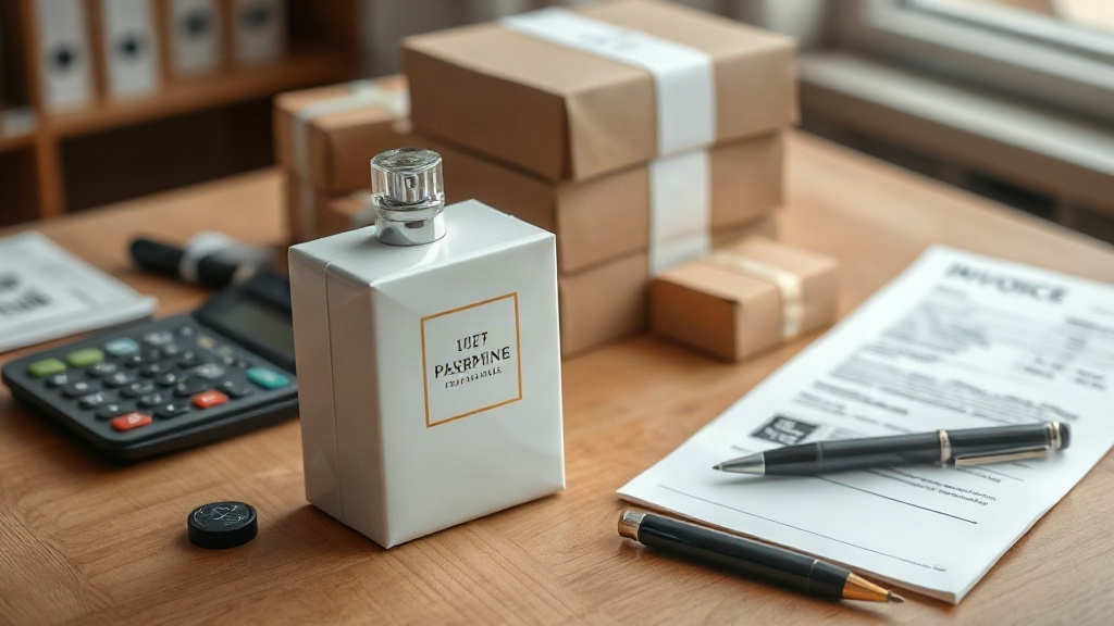 Closed luxury perfume gift box and sealed cardboard shipping cartons stacked on a wooden desk next to a calculator, invo
