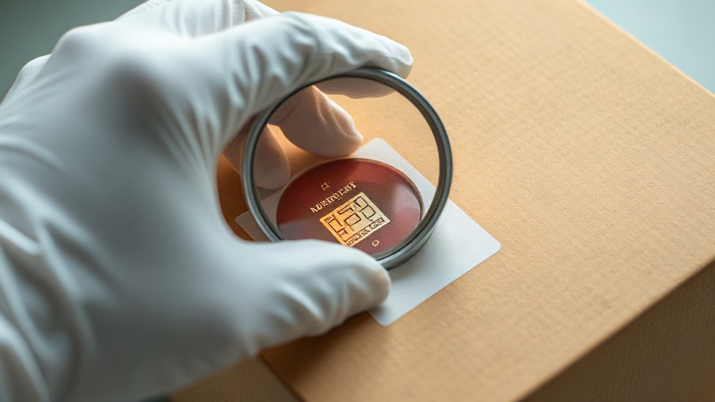 Close-up of a hand wearing a white cotton glove holding a magnifying loupe over an authentication hologram sticker on a