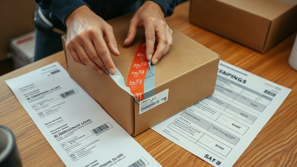 Close-up of a worker hands sealing a cardboard shipping box with packing tape, shipping labels and customs paperwork on 