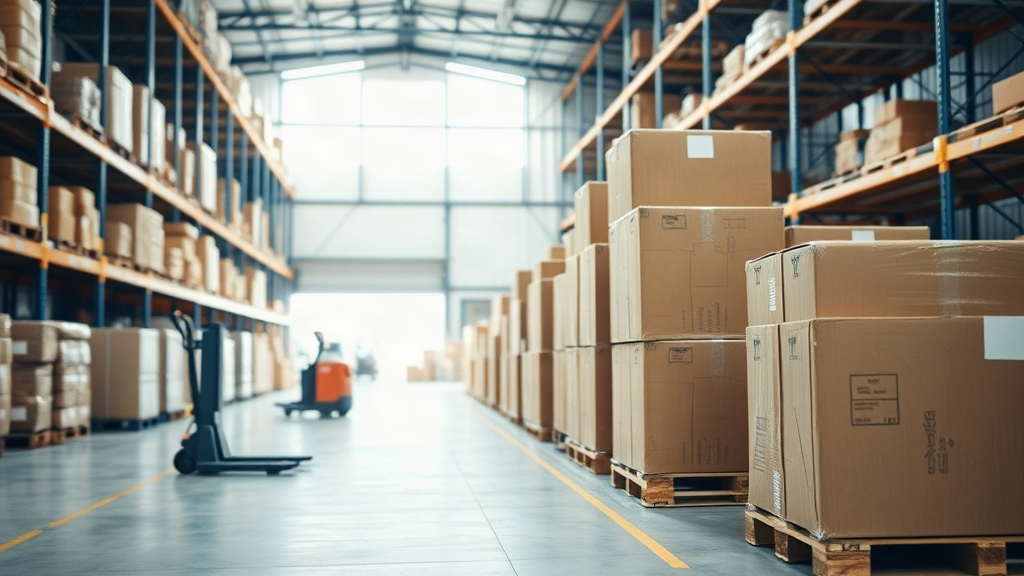 wide interior shot of a logistics warehouse with stacked rows of sealed cardboard shipping cartons on wooden pallets, a 