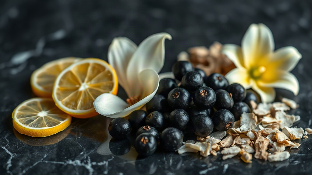 close-up still life of raw perfumery ingredients including bergamot fruit slices, white lily and gardenia blossoms, dark
