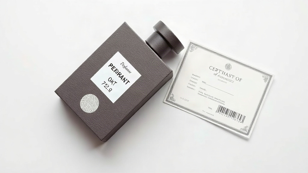 flat-lay product photography of a sealed perfume outer carton box with an authenticity hologram sticker and a printed ba