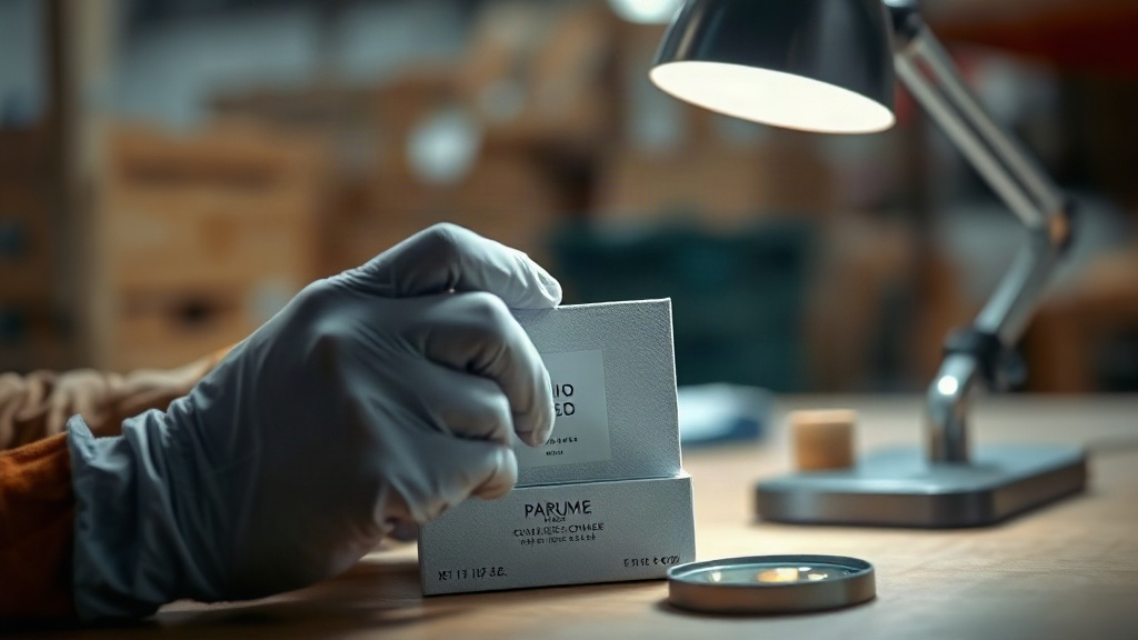 a quality control inspector's gloved hands examining a sealed retail perfume packaging box with a holographic authe