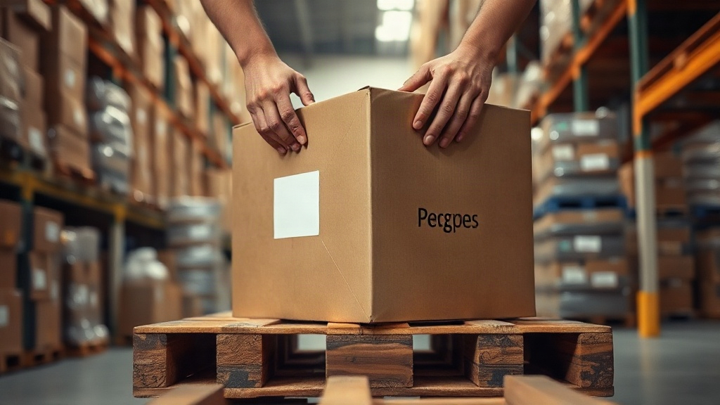 warehouse worker's hands securing a sealed cardboard shipping carton on a wooden pallet stacked with similar boxes,