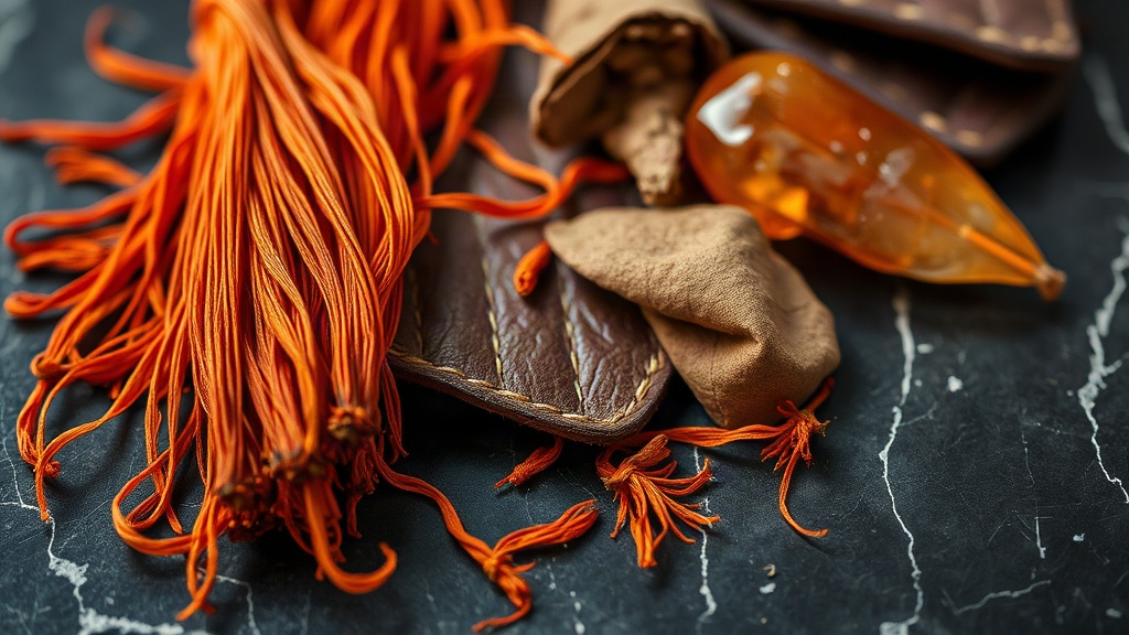 Close-up still life of saffron threads, a piece of dark brown leather, dried tobacco leaves and amber resin arranged on 