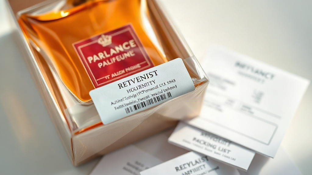 close-up of a sealed luxury perfume retail box wrapped in clear cellophane with an authenticity hologram sticker and pri