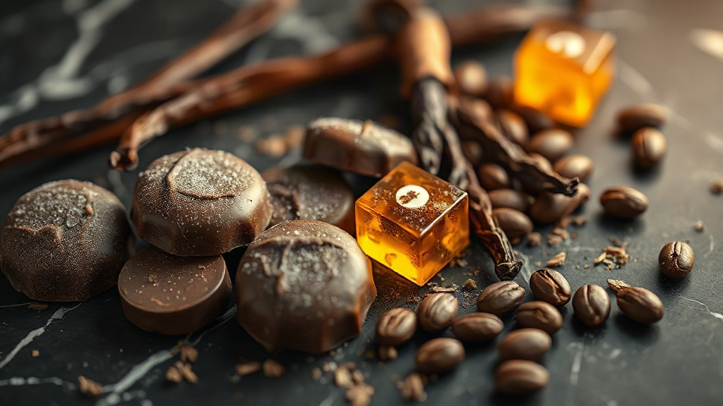 luxury perfumery raw ingredients still life, praline chocolates, vanilla pods, dried patchouli leaves, amber resin chunk