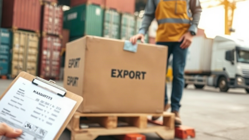 dockworkers hand loading sealed export cardboard boxes onto a wooden pallet at a shipping yard, a clipboard with a shipp