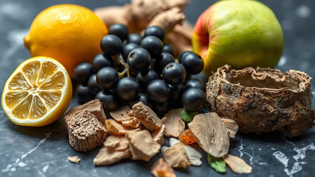 Close-up still life of raw perfumery ingredients: fresh bergamot citrus fruit, blackcurrant berries, a green apple, piec