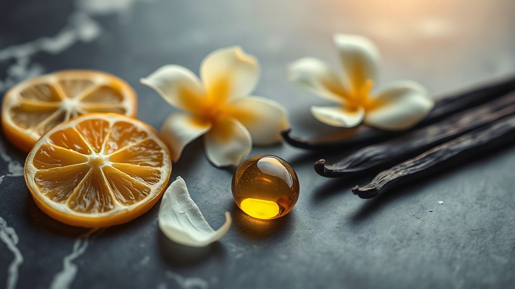 Close-up macro shot of raw perfumery ingredients arranged on a dark marble surface: fresh bergamot slices, jasmine bloss