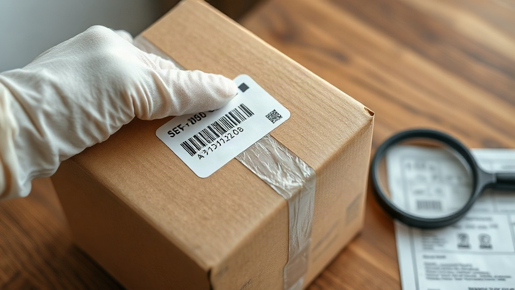 close-up of a hand wearing a cotton glove inspecting a printed batch code and barcode label on a sealed cardboard shippi