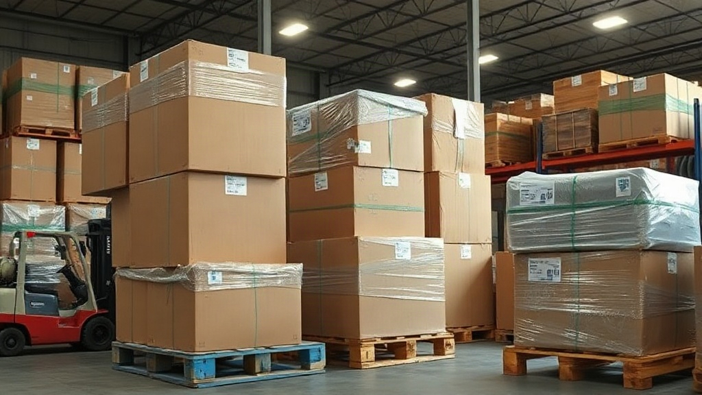 wide shot of a logistics warehouse interior with stacked cardboard shipping boxes on wooden pallets, shrink-wrapped bulk