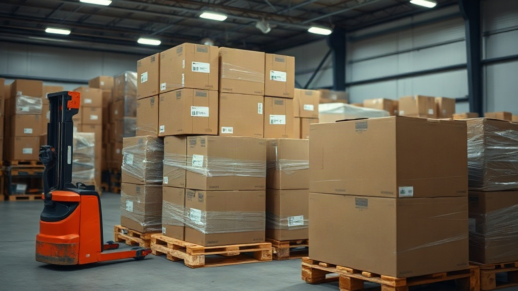 warehouse scene with stacked cardboard shipping cartons on wooden pallets, shrink-wrapped boxes, a pallet jack nearby, i