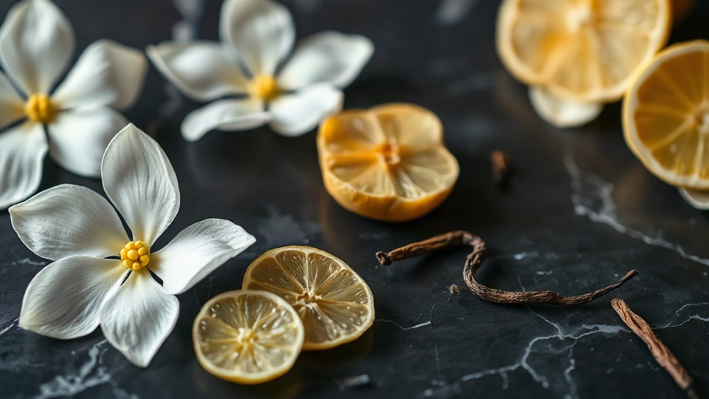 close-up macro photograph of jasmine blossoms, bergamot slices and vanilla pods arranged on a dark marble surface with s