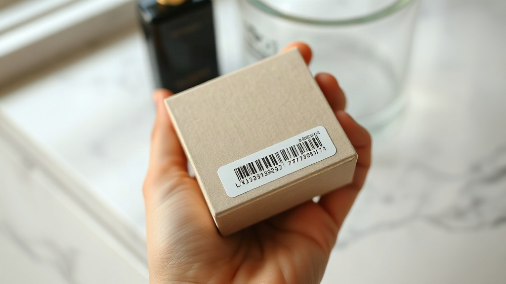 Close-up of a hand holding a sealed perfume tester carton box with an authenticity hologram sticker and printed batch co