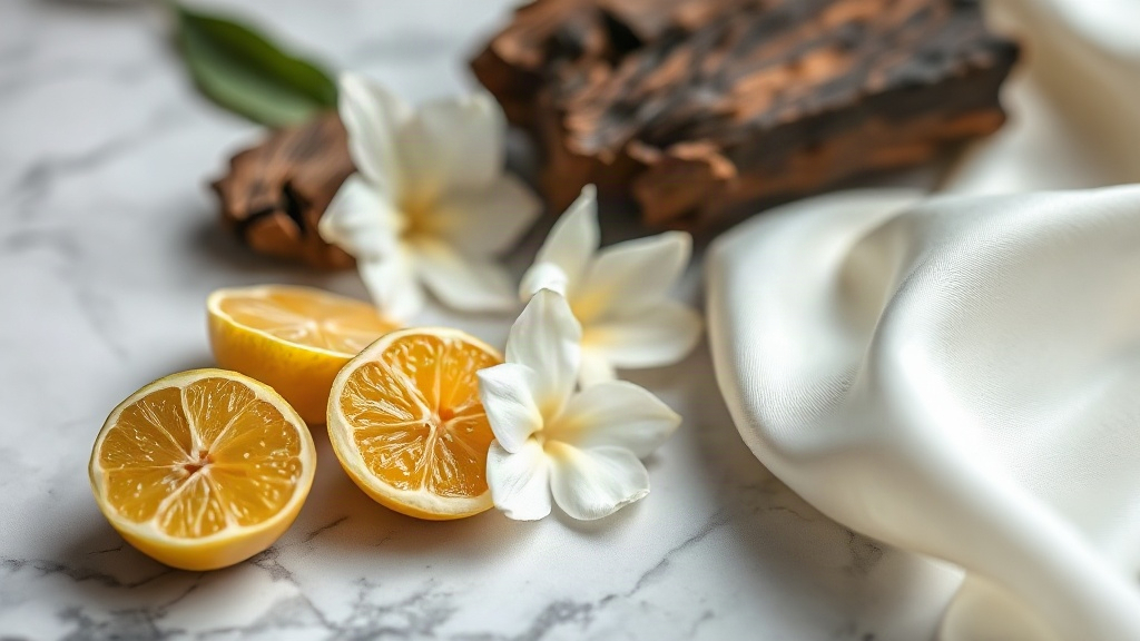 Macro still life of perfumery raw materials on a marble surface — fresh bergamot fruit halves, blooming jasmine flowers,