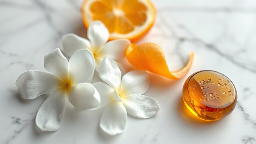 close-up editorial still life of fresh jasmine flowers, mandarin peel, and amber resin arranged on a white marble surfac