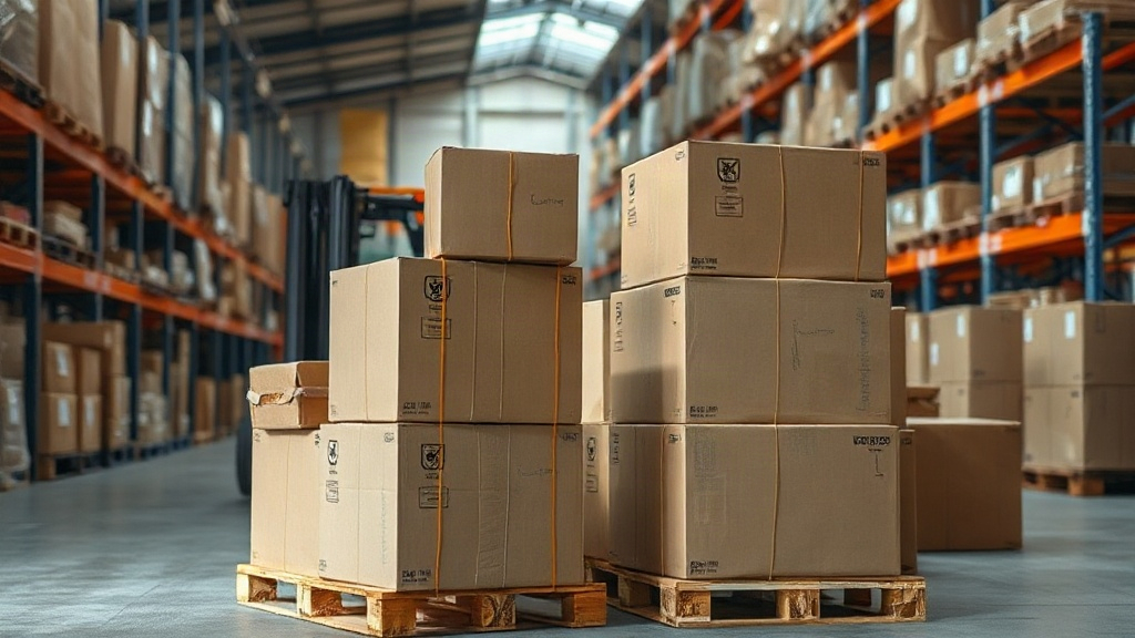Warehouse interior with wooden pallets stacked with sealed cardboard shipping boxes, a forklift in the background, indus