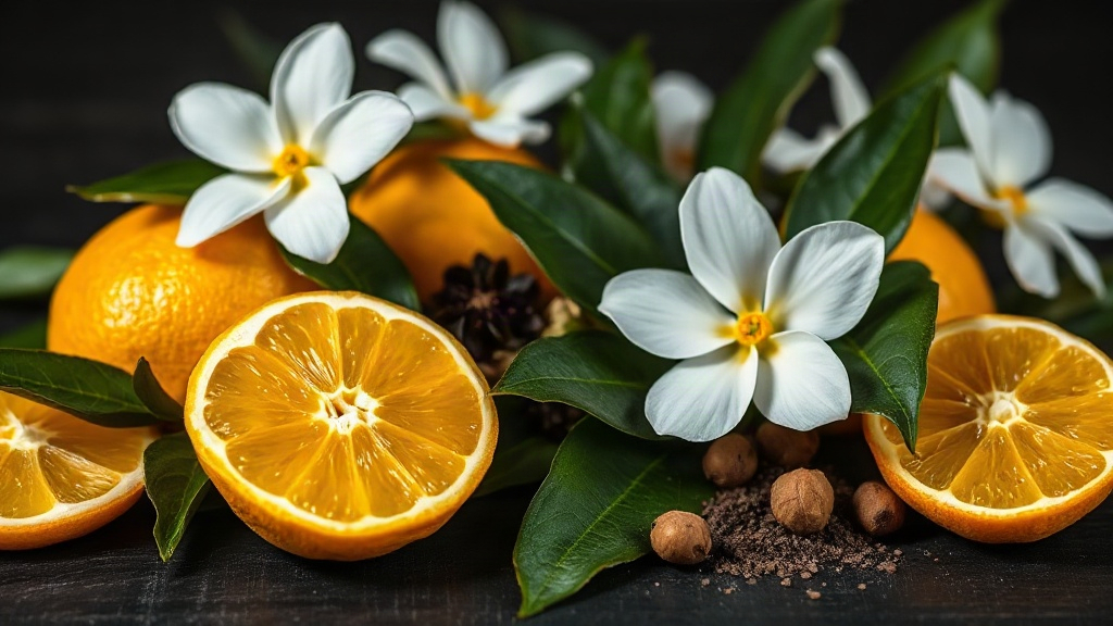 Close-up still life of fresh bergamot citrus fruits, blooming jasmine flowers, and dark patchouli leaves arranged on a d