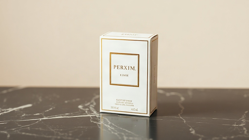 elegant closed perfume outer packaging box with gold foil lettering standing on a dark marble surface, warm studio light