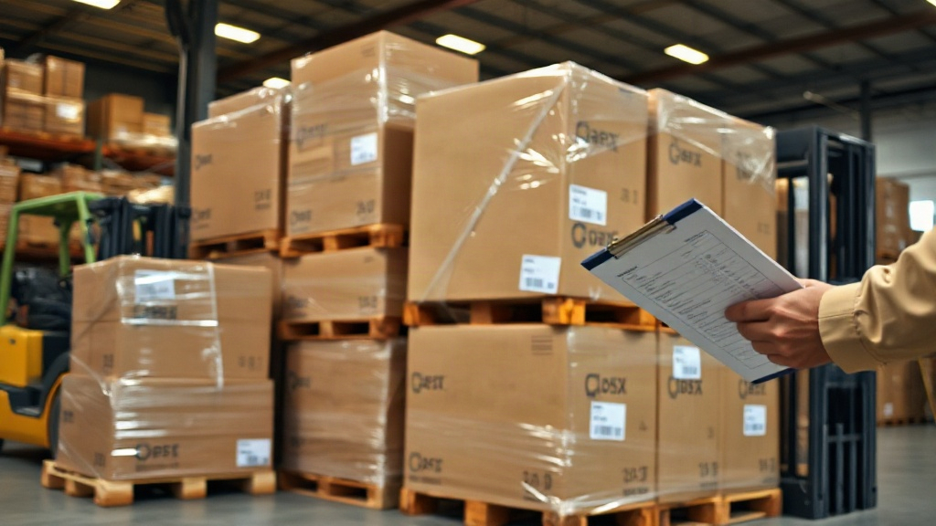 Warehouse interior with stacked wooden pallets loaded with sealed cardboard shipping cartons wrapped in stretch film, a 