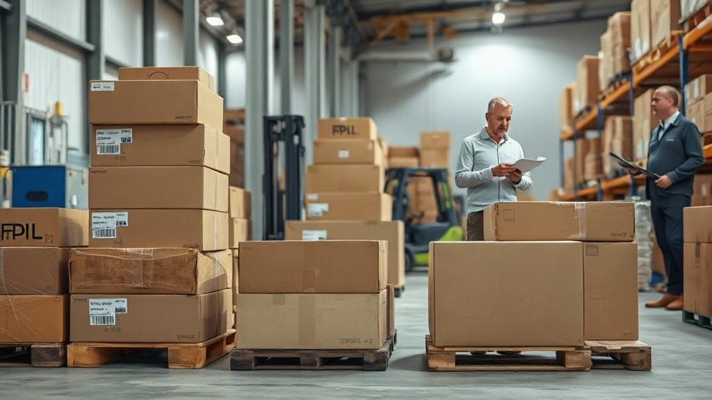 wide shot of a logistics warehouse with stacked cardboard shipping cartons on wooden pallets, a forklift in the backgrou