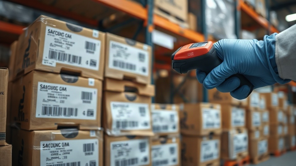 sealed wholesale shipping cartons with printed barcode labels and authenticity hologram stickers stacked on a warehouse 