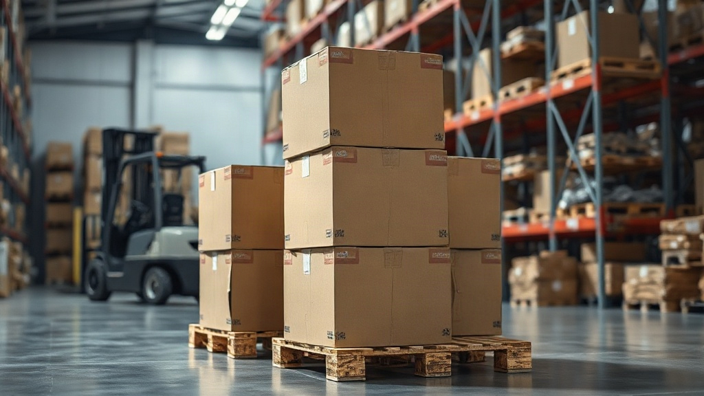 stacked brown cardboard shipping cartons secured on wooden pallets inside a logistics warehouse, forklift and tall shelv
