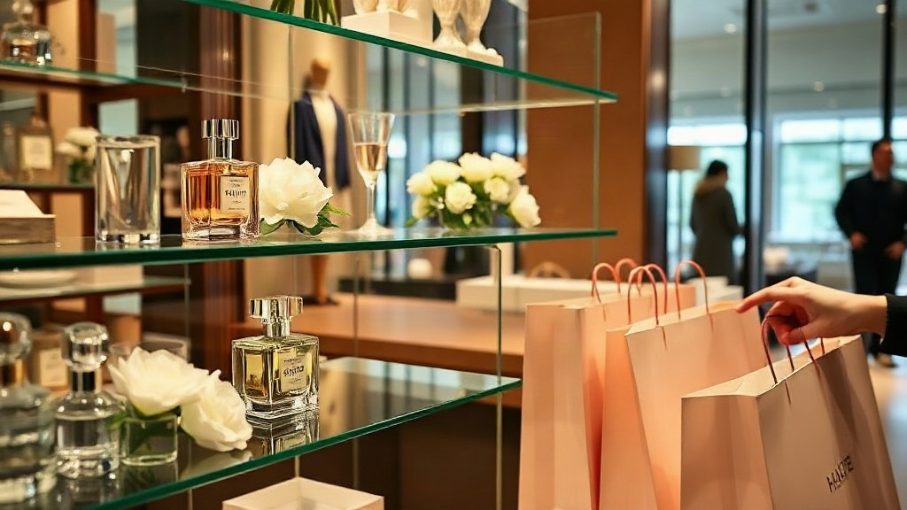 elegant retail perfume counter display with glass shelves, fresh white flowers, folded designer paper shopping bags, and